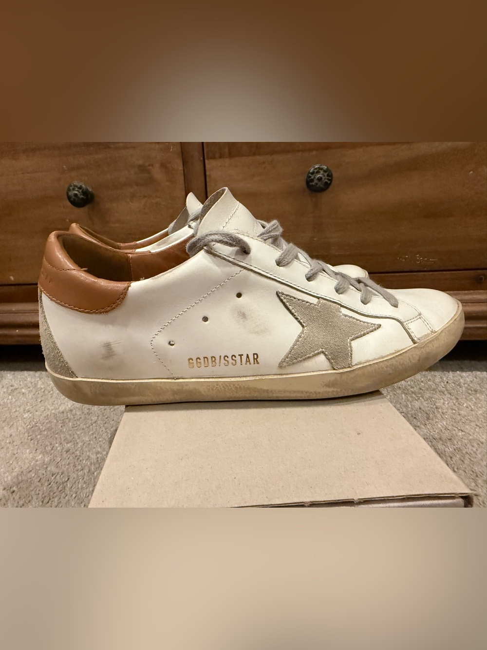 Golden Goose White Leather Sneakers with Brown Heel and Gray Star